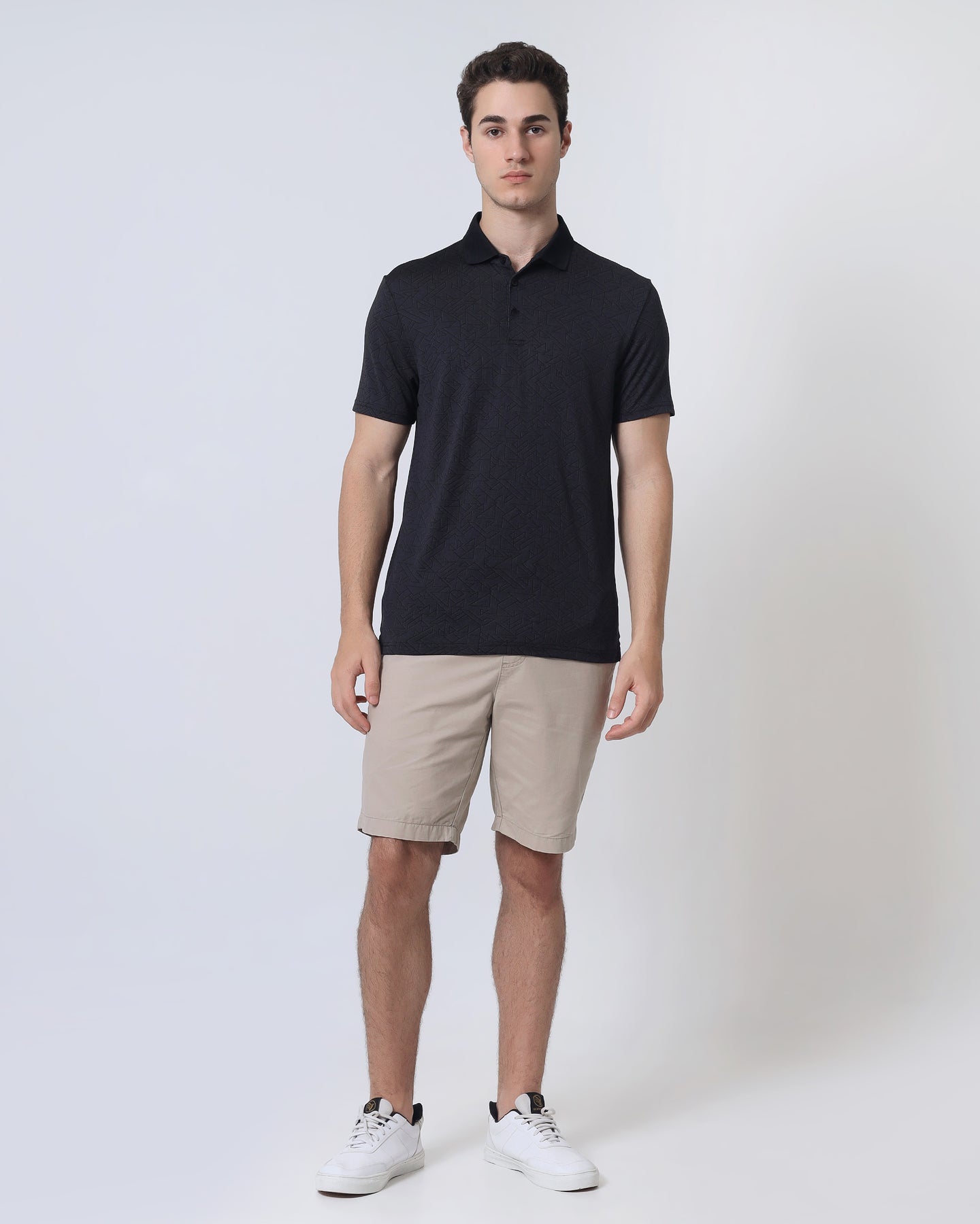 Quieti Performance Regular Fit, Black Geo Jacquard Knit, 3 button Short Sleeve Polo